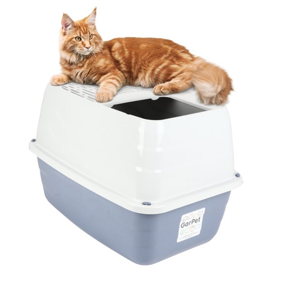 Katzentoilette mit Haube und Einstieg von oben, Katze liegt auf dem Deckel, GarPet Logo
