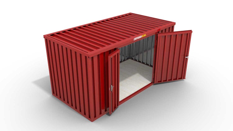 Lagercontainer Gerätehaus XXL+  – 12 qm, H2532 x B6020 x T2170 mm, Außenwandlackierung RAL 3000 feuerrot, Dach außen verzinkt, mit Holzfußboden, 1830 mm Doppelflügeltür mittig in Breitseite, Erfolgt fertig montiert