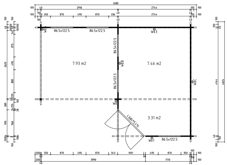Technischer Grundriss eines Gartenhauses mit Raumaufteilung, Maßen und Tür- sowie Fensterpositionen.