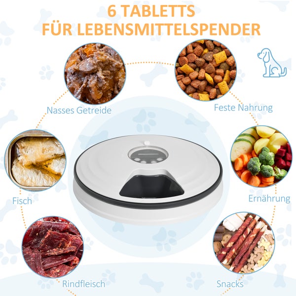 PawHut Futterautomat für Haustiere, Ø30,5 x 7,2H cm, ABS, PS-Platte, Weiß+Grau