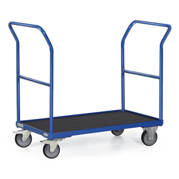 Blauer Plattformwagen mit zwei Griffen und vier Rädern.