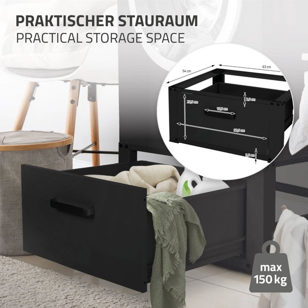 ML-Design Waschmaschinen Untergestell mit Schublade 63x54cm Stahl Schwarz bis 150kg, Waschmaschinen-Unterschrank, Stabiler Waschmaschinensockel, H=31,5cm Podest Erhöhung Unterbau Trockner/Kühlschrank