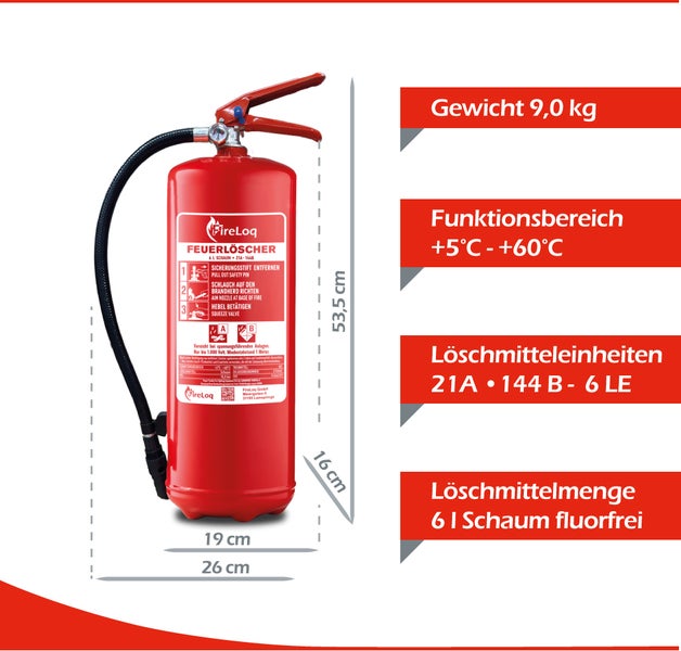 FireLoq Schaumfeuerlöscher 6 Liter mit technischen Daten und Maßangaben