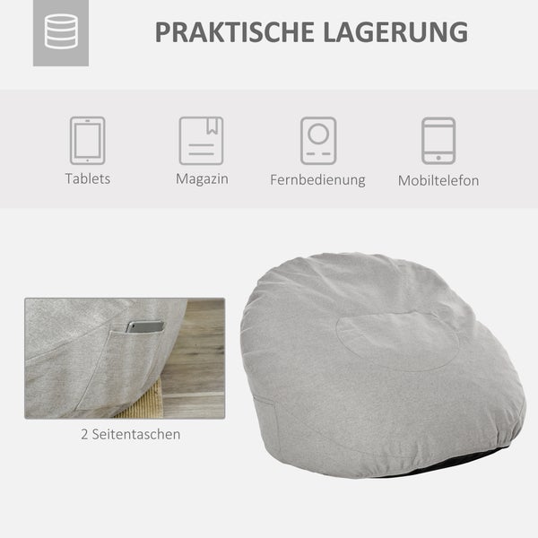 HOMCOM Sitzsack aufblasbares Sofa Bodensessel Sitzkissen gepolstert mit 2 Seitentaschen waschbar für Wohnzimmer Liege Schlafzimmer Polyester-Gewebe Schaumstoff-Füllung Hellgrau Ø115x71 cm