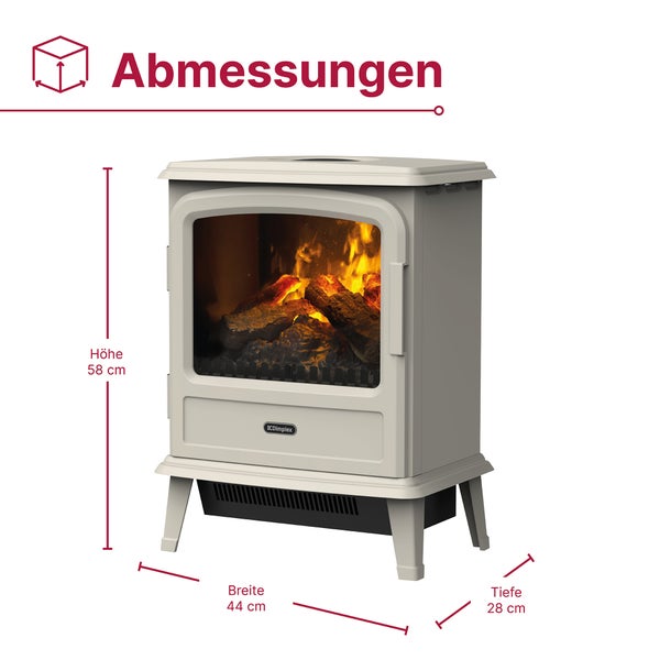 Elektrischer Kamin mit Abmessungen: Höhe 58 Zentimeter, Breite 44 Zentimeter und Tiefe 28 Zentimeter. Dimplex Logo ist abgebildet.