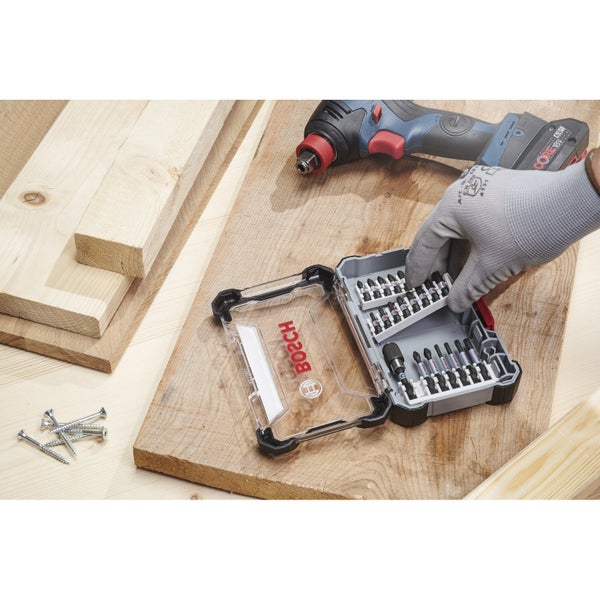 Bosch Logo, Schrauber, Schrauben und Bitset auf Holzhintergrund