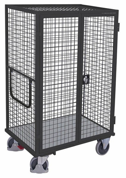 Mobiler Gitterwagen aus Metall mit abschließbarer Doppeltür und vier Lenkrollen.