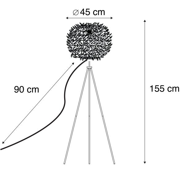 Technische Zeichnung einer Stehlampe mit den Maßen 45 cm Durchmesser, 90 cm Kabellänge und 155 cm Höhe.