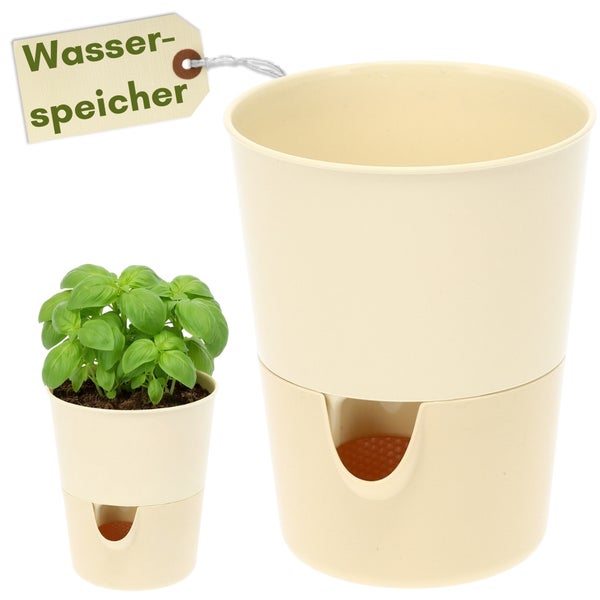 Zwei Blumentöpfe mit Wasserspeicherfunktion, einer bepflanzt mit Basilikum, mit Papieretikett 'Wasserspeicher'