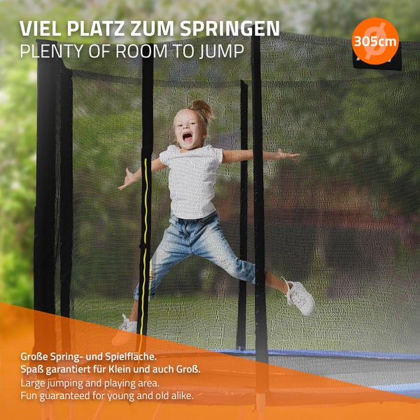 Hauki Trampolin Outdoor, Ø305 cm, Blau, GS geprüft, Rundes Gartentrampolin für Kinder bis 150 kg, Komplettset mit Sicherheitsnetz, Leiter, Randabdeckung, Gepolsterte Stangen, Stabile Kindertrampolin