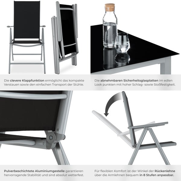 Sitzgruppe tectake Pompeii Tisch mit Sicherheitsglasplatten und Ausgleichsschrauben mit Aluminiumgestell, für 8 Personen silber