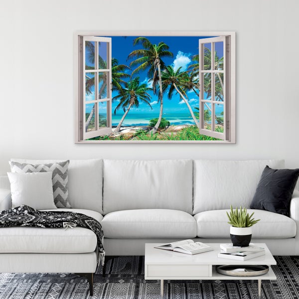 Bilder Fenster Strand Palmen Leinwandbild Wohnzimmer 80X60 cm
