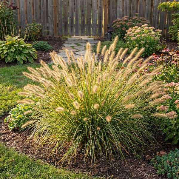Lampenputzergras Pennisetum in einem Gartenbeet mit Mulch vor einem Holzzaun und Gartenweg.