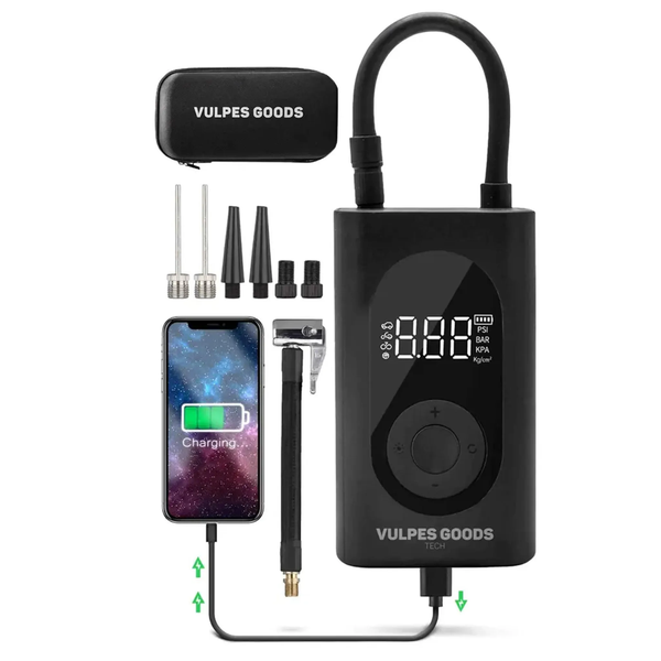Tragbare Akku Luftpumpe von Vulpes Goods mit Digitaldisplay, Schlauch, verschiedenen Adaptern, Aufbewahrungstasche und Powerbank Funktion.