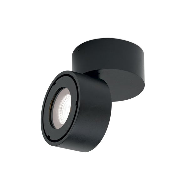 Verstellbarer LED-Deckenstrahler in Zylinderform aus Metall in Schwarz.