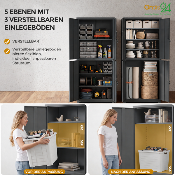 Metallschrank mit fünf Ebenen und drei verstellbaren Einlegeböden für Werkstatt und Haushalt. Ondis24 Logo. Vorher-Nachher-Vergleich der Anpassung.