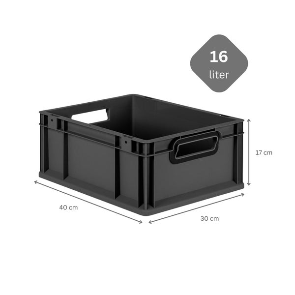 PROREGAL SuperSparSet 10x Eurobox NextGen Color mit Auflagedeckel und Schiebeschnappverschlüsse, HxBxT 17x30x40cm, 16 Liter, Schwarz, Griffe schwarz offen, Eurobehälter, Transportbox, Transportbehälter, Stapelbehälter