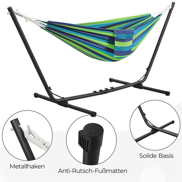 Gestreifte Hängematte mit schwarzem Metallgestell, Metallhaken und Antirutsch-Fußmatten