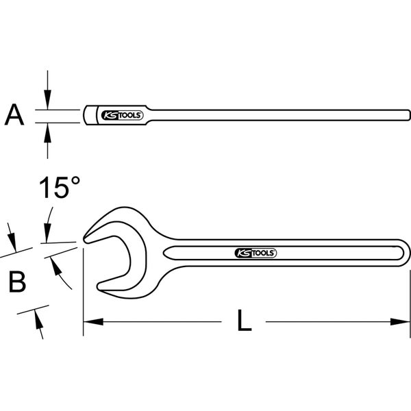 Technische Zeichnung eines gekröpften Ringschlüssels mit den Maßen A, B, L und 15 Grad Winkel; KS Tools Logo