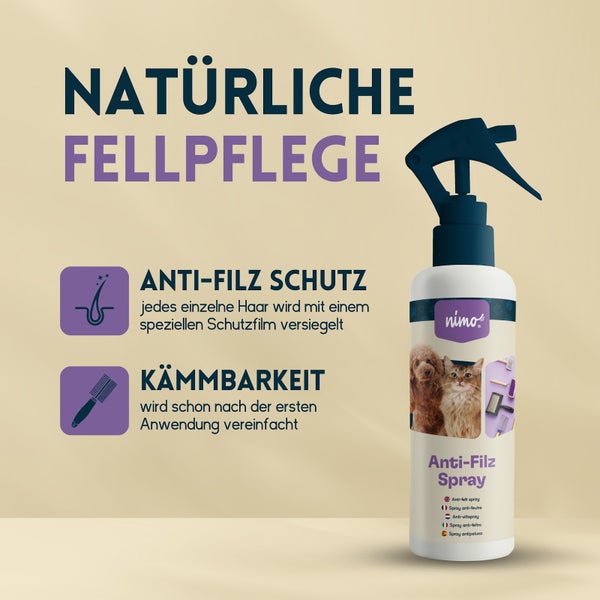 nimo® Anti Filz Spray für Hunde, Katzen • löst verfilztes Fell und erleichtert Kämmbarkeit