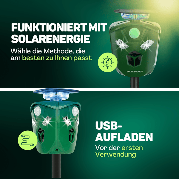 Vulpes Goods Katzenschreck - Ultraschall Tierenvertreiber - Tierschreck - Katzenabwehr - Marderabwehr - Abwehrmittel für Katzen, Vögel, Mäuse, Marder - Wasserdicht - 360° - Solar