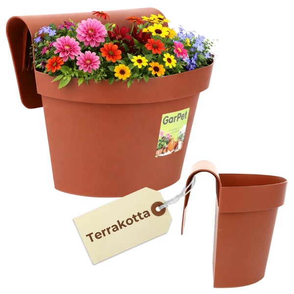 Balkonkasten für Geländer, Kunststoff terrakotta. Maße: Höhe 29 Zentimeter, Breite 29 Zentimeter, Tiefe 13,5 Zentimeter.