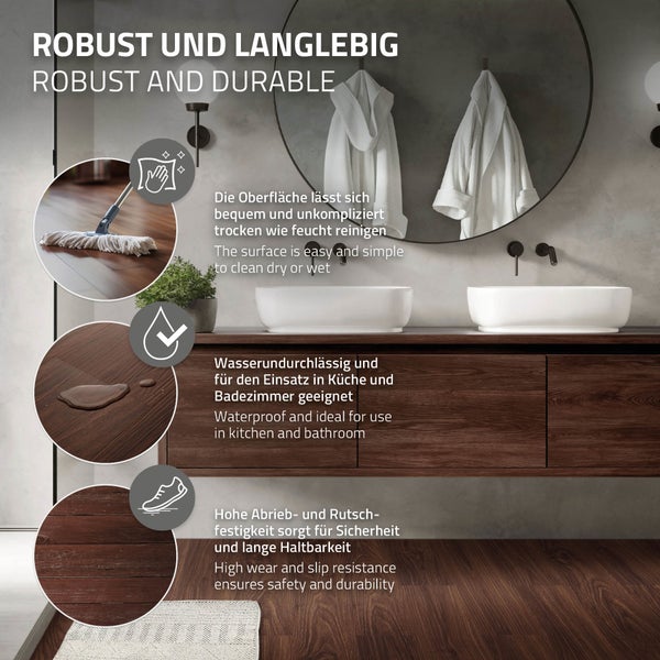 ML-Design Deluxe PVC Bodenbelag, Selbstklebende Vinyl-Dielen, Vinylboden, 91,5 cm x 15,3 cm x 2 mm, Dicke 2 mm, 2,23m²/16 Dielen, Rot-Braun Nuss, Holzoptik, rutschfest, wasserfest, Einfache Verlegung