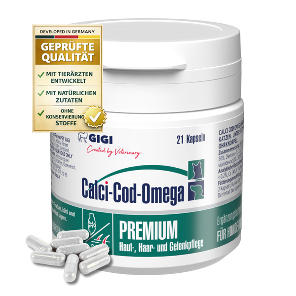 GIGI Calci-Cod-Omega Premium Ergänzungsfuttermittel für Hunde und Katzen zur Haut-, Haar- und Gelenkpflege, 21 Kapseln.