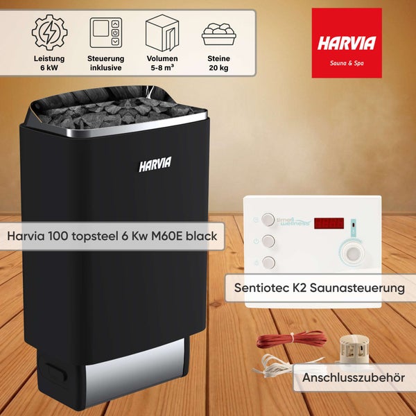 Harvia Topsteel 6 Kilowatt Saunaofen mit Sentiotec K2 Steuerung und Anschlusszubehör für Saunakabinen von 5 bis 8 Kubikmeter.