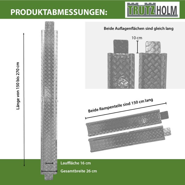 Produktabmessungen der Trutzholm Rampe mit einer Länge von 150 bis 270 cm, einer Lauffläche von 16 cm und einer Gesamtbreite von 26 cm
