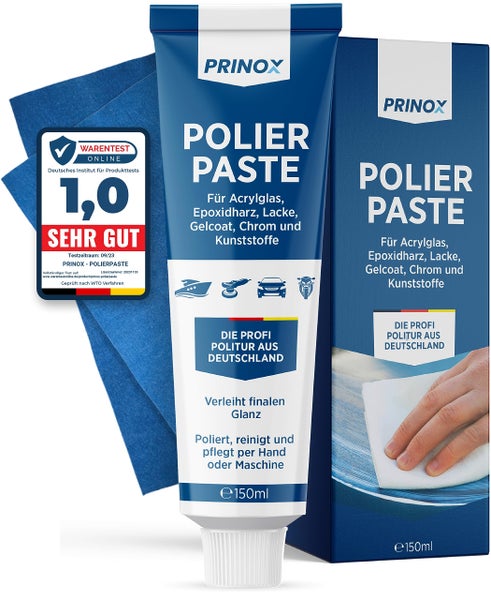 Prinox® 150ml Polierpaste inkl. Profi Poliertuch I Politur für Acrylglas, Epoxidharz, Lacke, Gelcoat gfk, Chrom & Kunststoffe I Entfernt Mattierungen & Mikro Kratzer