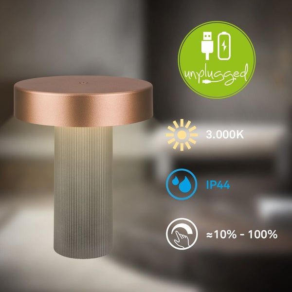 Akkubetriebene LED-Tischleuchte, USB-Anschluss, 3000 Kelvin, Schutzart IP44, dimmbar von circa 10 bis 100 Prozent.