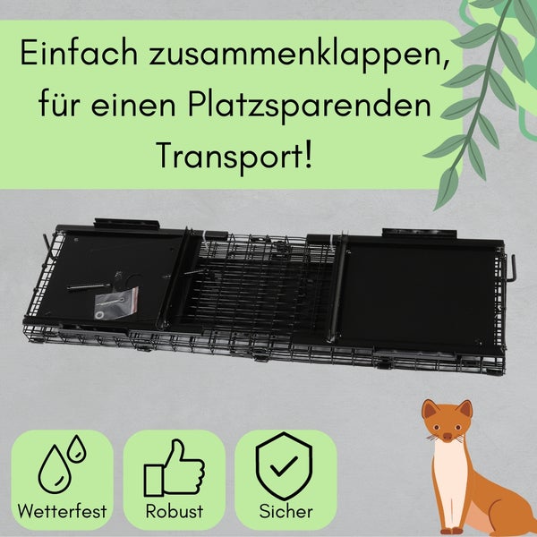 Zusammenklappbare Lebendfalle für einen platzsparenden Transport.