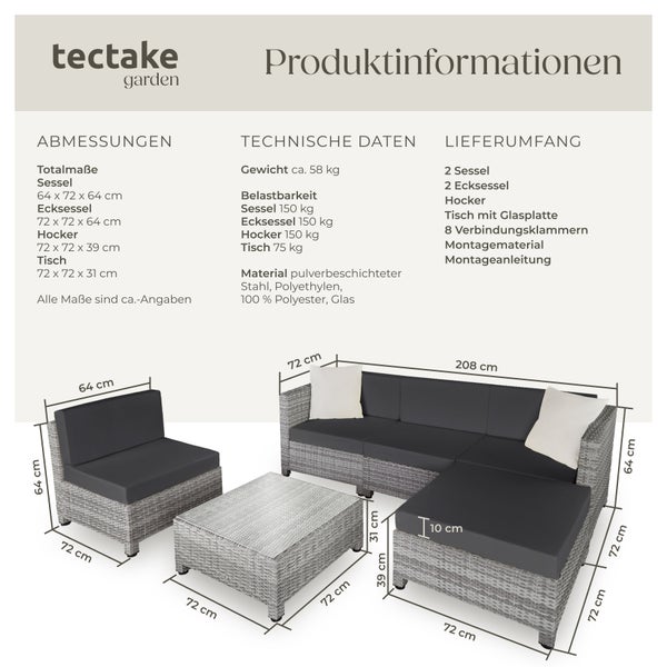 tectake Gartenmöbelset mit Maßen und Materialangaben