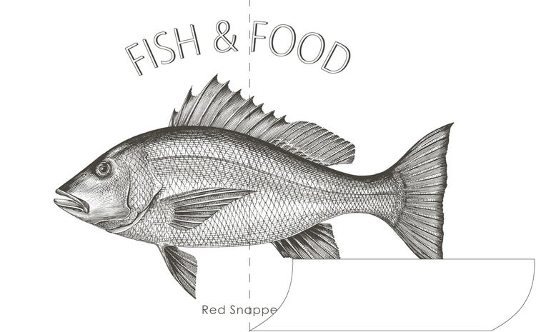 Illustration eines Roten Schnappers mit der Aufschrift Fisch und Essen