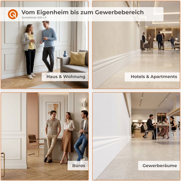 Anwendungsbeispiele für Sockelleiste 500-LP in Wohnräumen, Hotels, Büros und Gewerberäumen mit modernen Wandpaneelen und Bodenbelägen.