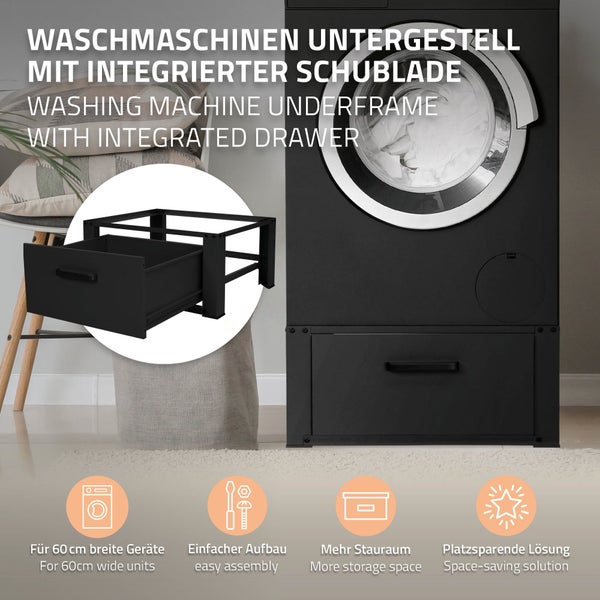 ML-Design Waschmaschinen Untergestell mit Schublade 63x54cm Stahl Schwarz bis 150kg, Waschmaschinen-Unterschrank, Stabiler Waschmaschinensockel, H=31,5cm Podest Erhöhung Unterbau Trockner/Kühlschrank