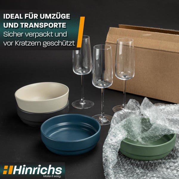 Hinrichs Logo. Rolle Luftpolsterfolie, Breite 50 Zentimeter, Gesamtlänge 50 Meter, alle 50 Zentimeter perforiert für einfaches Abreißen.