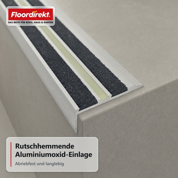 Floordirekt Treppenkantenprofil aus Aluminium mit rutschfester Aluminiumoxid Einlage und nachleuchtendem Streifen zur Montage auf Treppenstufen.