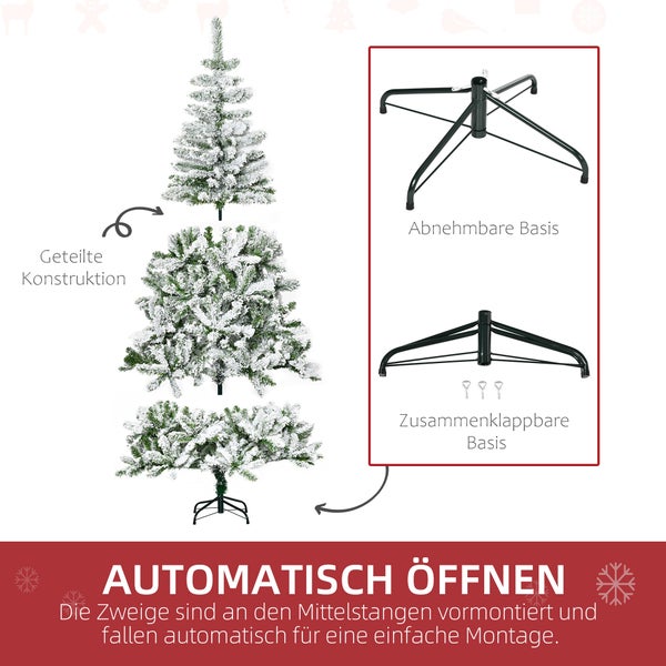 HOMCOM Künstlicher Weihnachtsbaum, 180 cm Kunstkiefer mit Kunstschnee, mit 750 Astspitzen faltbar Standfuß, für Weihnachtsfest, Indoor, Grün+Weiß