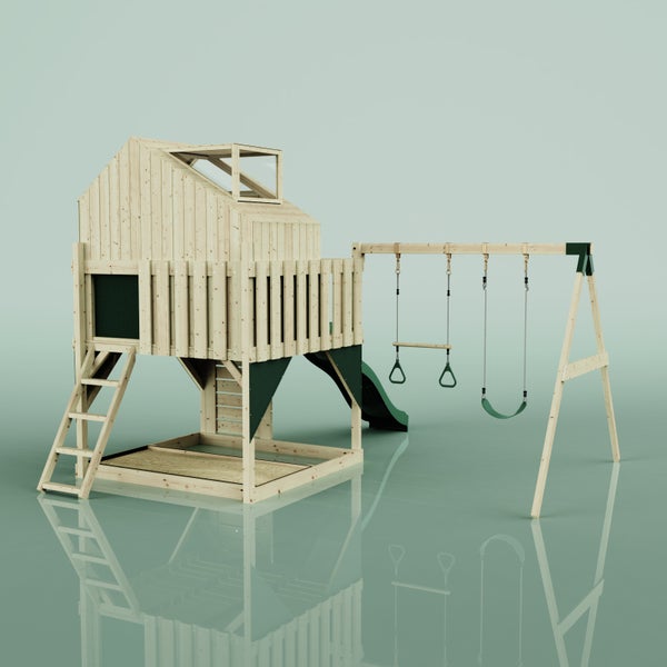 Spielturm aus Holz mit Schaukel und Rutsche für den Garten