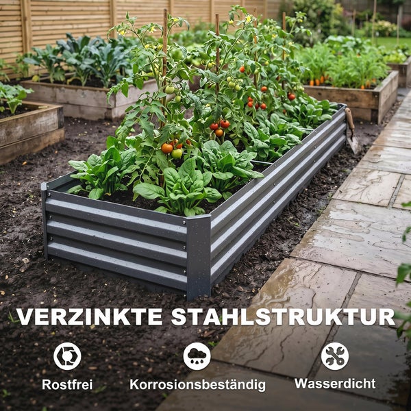 Hochbeet aus Metall mit Sicherheitskante gegen Schnittverletzungen, Schutzecken und Stützstreben zur Verstärkung der Struktur.