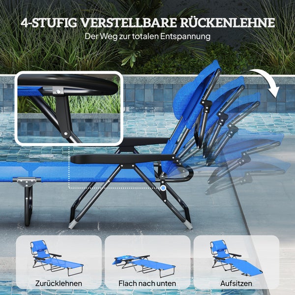 Outsunny Sonnenliege klappbar Gartenliege mit Lesefenster, Kopfkissen, Liegestuhl mit 4-Fach verstellbare Rückenlehne, wetterfeste Campingliege bis 120 kg belastbar, für Garten Strand Pool, Dunkelblau