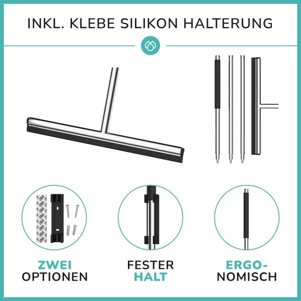 Wasserschieber Edelstahl Hochglanz poliert mit Silikonhalterung ohne Bohren - Bodenabzieher Dusche mit Lippe und Griff aus Silikon - Abzieher Dusche Boden optimiert - Wasserabzieher Boden ergonomisch