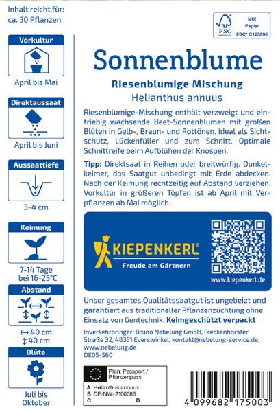Saatgut Sonnenblume Riesenblumige Mischung Helianthus annuus von Kiepenkerl mit Pflanzanleitung und Angaben zu Aussaat und Blütezeit.