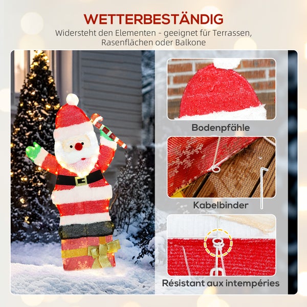 Wetterfeste, beleuchtete Weihnachtsmann-Figur auf einem Geschenkkarton für den Außenbereich, inklusive Bodenpfählen und Kabelbindern.