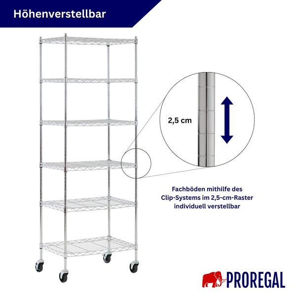 Drahtregal mit 6 Fachböden und Rollen, Fachböden im 2,5 Zentimeter Raster höhenverstellbar. Proregal Logo.