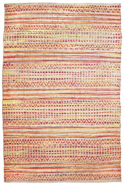 Rechteckiger Webteppich mit mehrfarbigem horizontalem Streifenmuster und geometrischen Details.