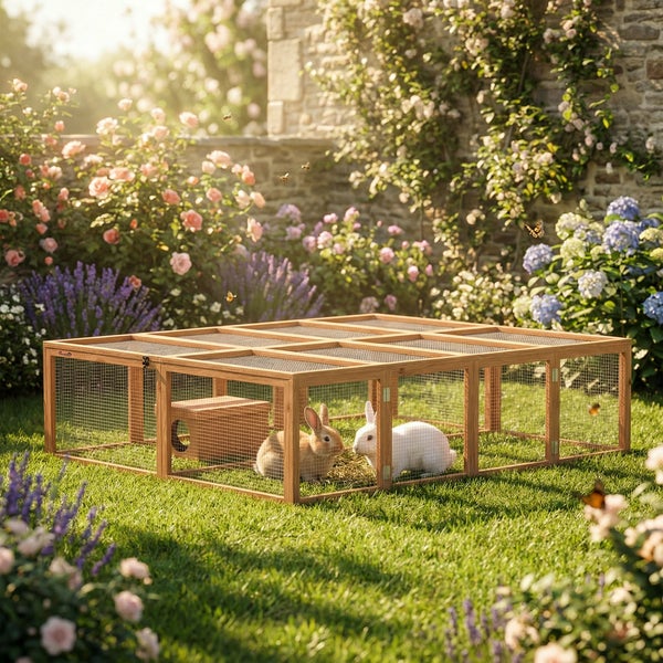 Kaninchenfreigehege aus Holz mit Gitterelementen im Garten, zwei Kaninchen im großzügigen Gehege auf dem Rasen mit Unterstand.