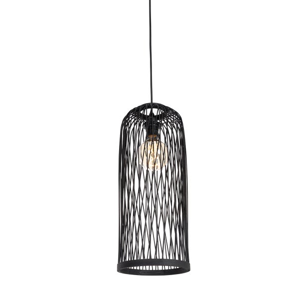 Schwarze Pendelleuchte aus Metalldraht in zylindrischer Käfigform mit einem sichtbaren Leuchtmittel.